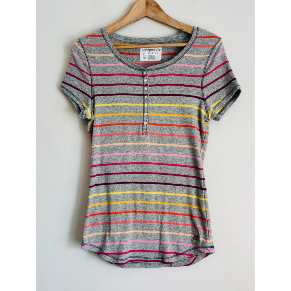 Aeropostale Women's Striped Henley Top Y2K Extra Large
